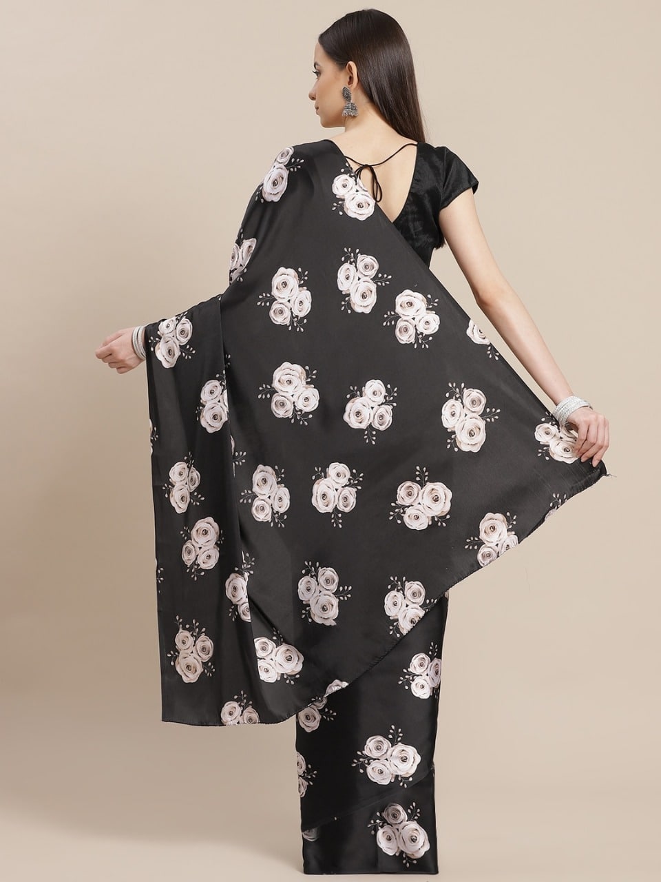 Black Floral Design of Satin Saree