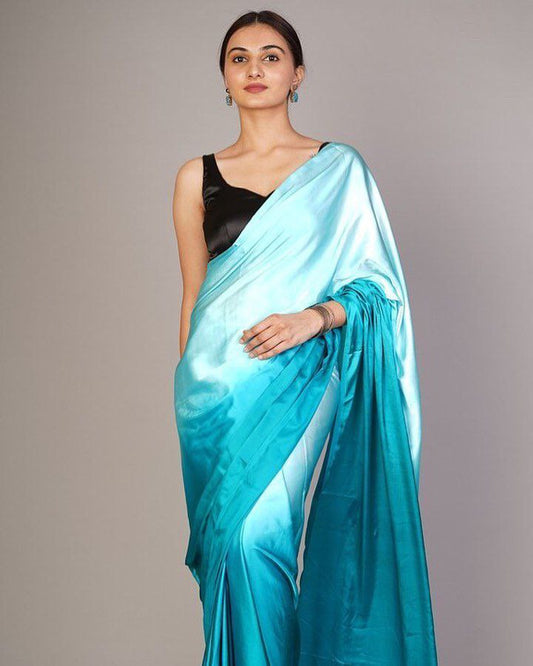 Japan Satin Saree with Sky Blue Fading All over Saree With Plain Blouse