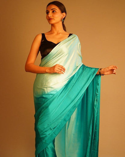 Japan Satin Saree with Teal Green Fading All over Saree With Plain Blouse