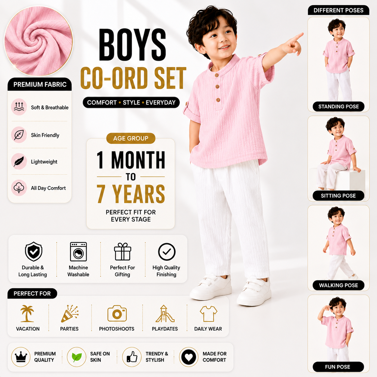 DuoDrapes Pink Kurta & White Pant Set for Boys (1 Month–7 Years)