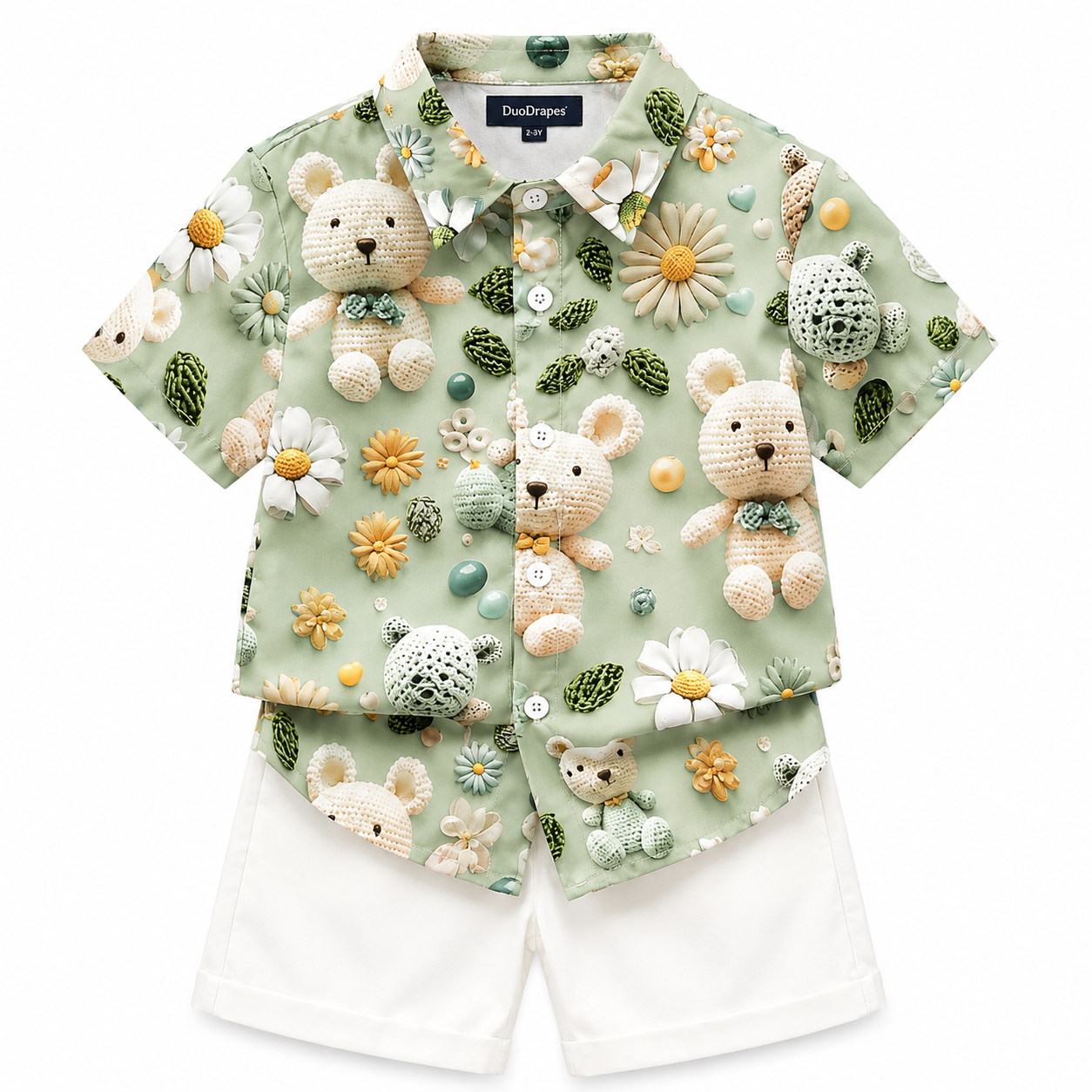 Pista Green Teddy Bear Shirt & White Shorts Set for Boys