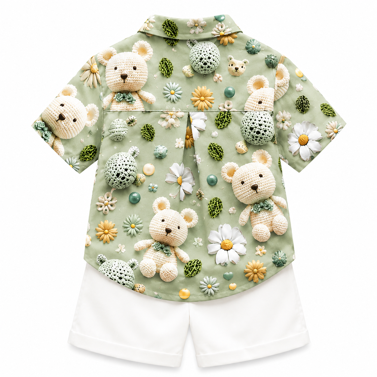 Pista Green Teddy Bear Shirt & White Shorts Set for Boys