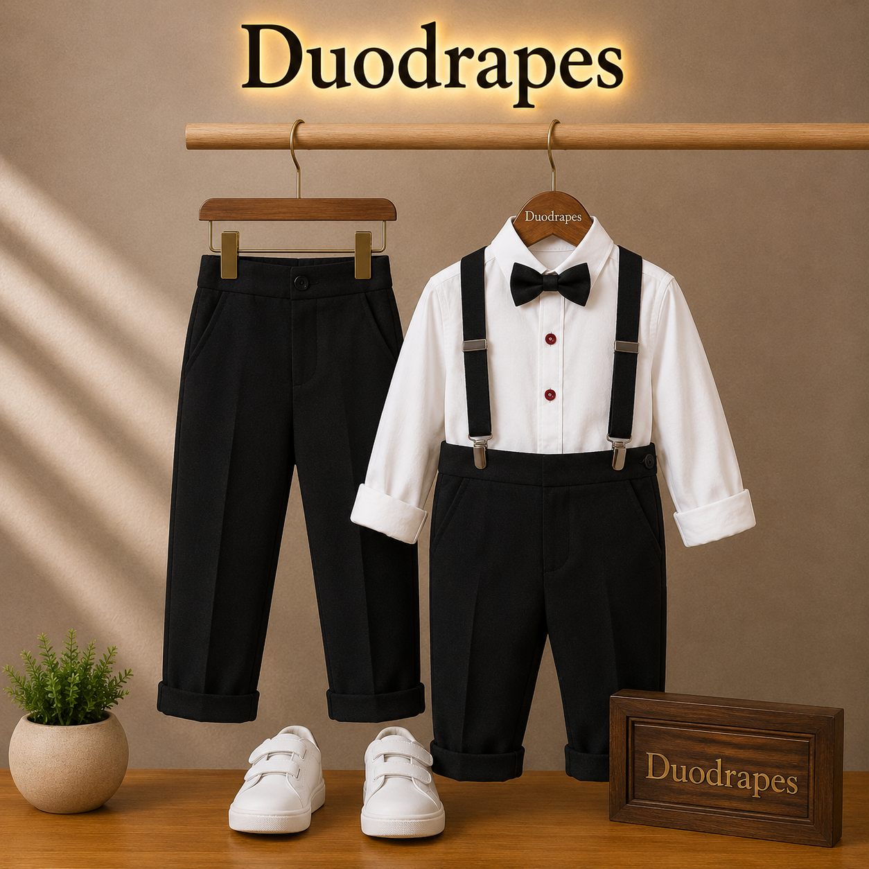 DuoDrapes Boys Black Formal Shirt & Trouser Set with Suspenders and Bow Tie