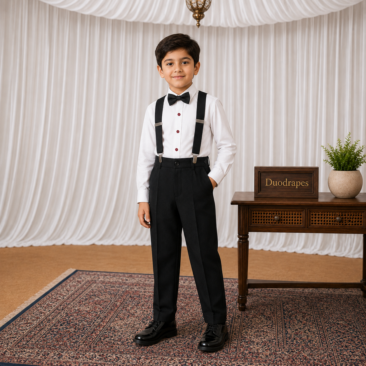 DuoDrapes Boys Black Formal Shirt & Trouser Set with Suspenders and Bow Tie