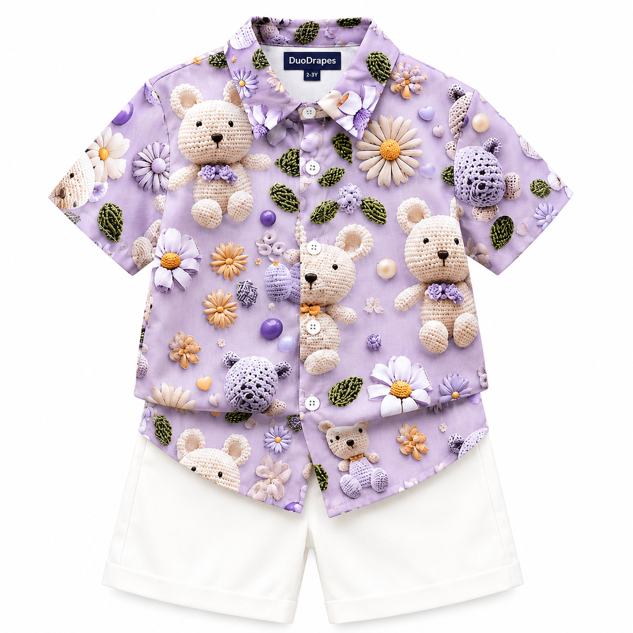 Lavender Teddy Bear Shirt & White Shorts Set for Boys