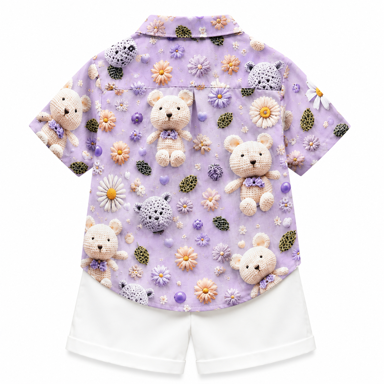 Lavender Teddy Bear Shirt & White Shorts Set for Boys