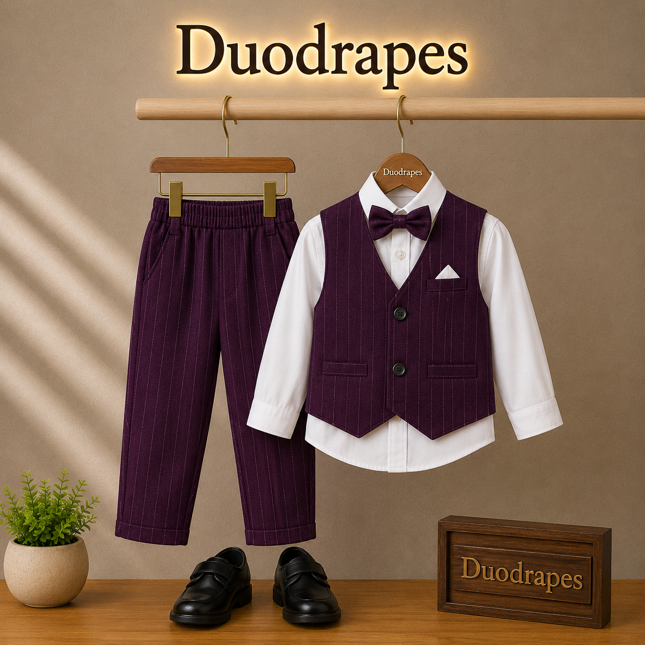 DuoDrapes Boys Purple Striped Waistcoat Set with White Shirt, Trousers & Bow Tie