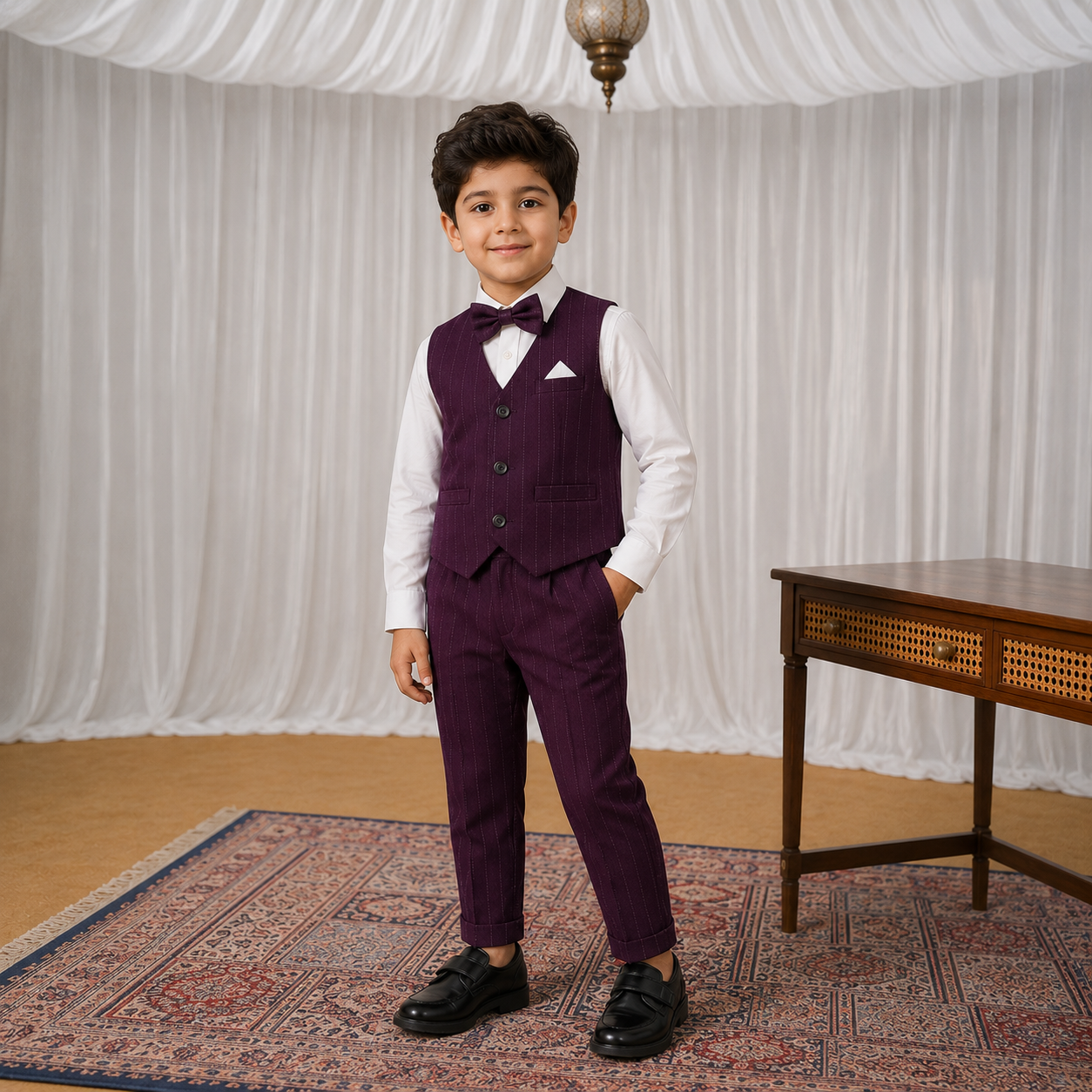 DuoDrapes Boys Purple Striped Waistcoat Set with White Shirt, Trousers & Bow Tie