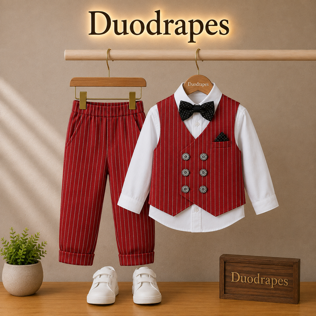 Red Waistcoat Shirt & Trouser Set for Boys | DuoDrapes