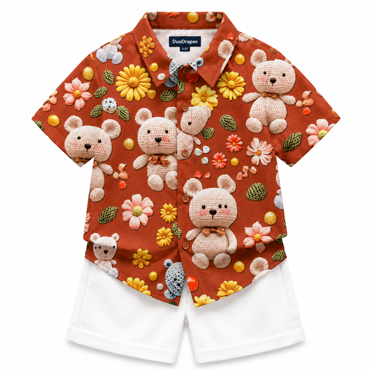 Rust Orange Teddy Bear Shirt & White Shorts Set for Boys
