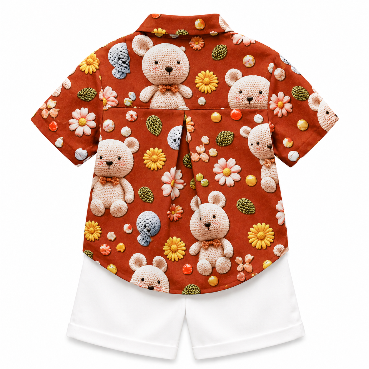 Rust Orange Teddy Bear Shirt & White Shorts Set for Boys