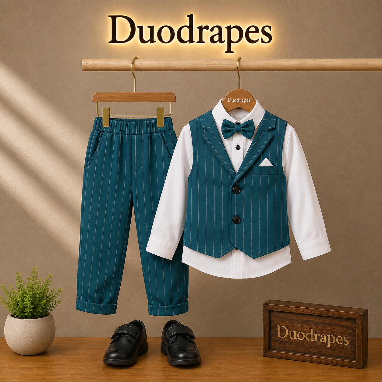 Teal Green Pinstripe Waistcoat Shirt & Trouser Set for Boys | Party & Wedding Wear | DuoDrapes