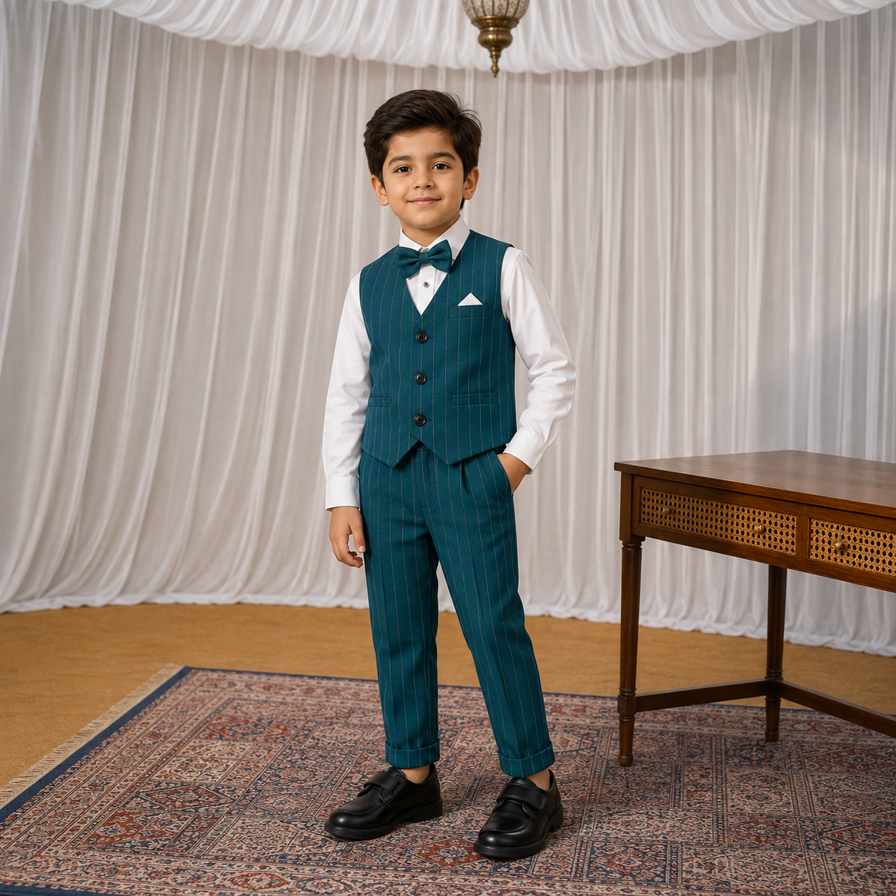 Teal Green Pinstripe Waistcoat Shirt & Trouser Set for Boys | Party & Wedding Wear | DuoDrapes