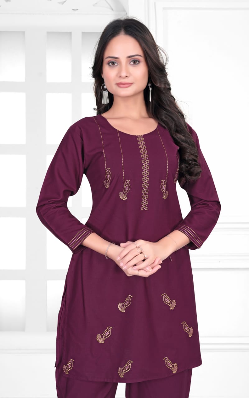 Elegant Mauve Rayon Cord Set with Embroidered Detailing